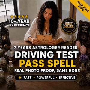 May include: A person with dark curly hair wearing a white long-sleeved top holds a tan card labeled 3 WISHES. The table features glass jars, a black lantern, crystals, and a book titled MANIFEST YOUR DREAMS. Text overlays include 10+ YEAR EXPERIENCE, BEST SELLER, 7 YEARS ASTROLOGER READER, DRIVING TEST PASS SPELL, REAL PHOTO PROOF, SAME HOUR, FAST, POWERFUL, EFFECTIVE.