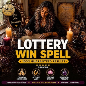 Op de afbeelding: Afbeelding die een loterij win-spreuk promoot. De afbeelding toont een vrouw die schrijft, omringd door kaarsen en mystieke voorwerpen. Tekst omvat "Lottery Win Spell", "100% Guaranteed Results" en pictogrammen die financiële overvloed, geluk, positieve energie en krachtige resultaten vertegenwoordigen.