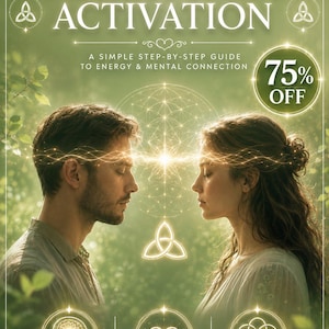 Può includere: Un poster digitale con sfondo verde che presenta il testo Telepathy Activation, A Simple Step-By-Step Guide To Energy & Mental Connection. Mostra due persone di fronte l'una all'altra con una luce brillante e vari simboli.