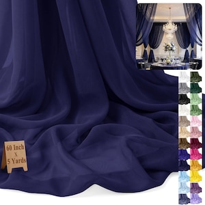 May include: A deep navy blue sheer fabric drape with a soft, flowing texture. A small wooden sign in the corner displays the text 60 Inch X 5 Yards. An inset image shows the fabric used as elegant event curtains in a formal dining room setting.