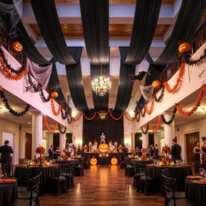 May include: A grand hall decorated for Halloween with black fabric draped from the ceiling, orange and black garlands, glowing jack-o'-lanterns, a central gold chandelier, and a skeleton figure positioned on a table at the far end.