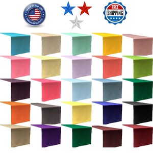May include: A selection of table runners in a variety of colours, such as teal, pink, yellow, and purple. The image also includes patriotic stars and a "Made in the USA" emblem, along with a "Free Shipping" badge.