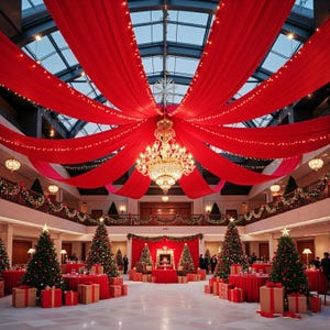 May include: A grand indoor event space decorated for the holidays with red fabric draped from a central crystal chandelier. Multiple Christmas trees with ornaments and lights stand on the floor, surrounded by red gift boxes and red-clothed tables.