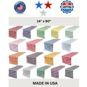 Op de afbeelding: Een verzameling gingham tafellopers in diverse kleuren, elk met een afmeting van 35,5 cm bij 228,6 cm. De lopers worden getoond in rood, blauw, groen, geel en andere kleuren. De tekst "MADE IN USA" is zichtbaar.