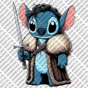 May include: A blue cartoon character with large ears, holding a sword, and wearing a fur-lined cloak and a brown leather strap. The character has black hair and large black eyes. The image has a digital download watermark.