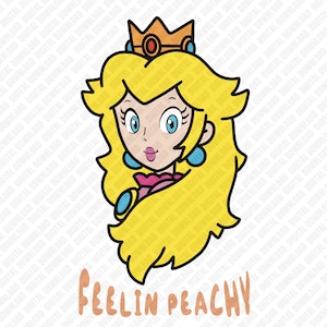 Könnte beinhalten: Cartoon-Illustration von Prinzessin Peach aus der Super Mario-Videospielserie. Sie hat blondes Haar, blaue Augen und ein rosa Kleid. Der Text "FEELIN PEACHY" steht in Pfirsichfarbe unter der Figur.