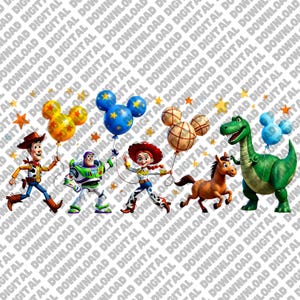 May include: A digital illustration featuring characters from the Toy Story franchise, including Woody, Buzz Lightyear, Jessie, and Rex. Each character is holding a balloon. The background is white with a diagonal pattern of text.