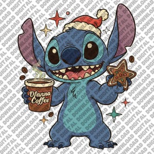 Op de afbeelding: Een blauw stripfiguur met een kerstmuts, met een koffiekopje met "Ofanna Coffee" en een stervormige peperkoek. De afbeelding bevat koffiebonen en steraccenten, waardoor een feestelijk vakantiethema ontstaat.