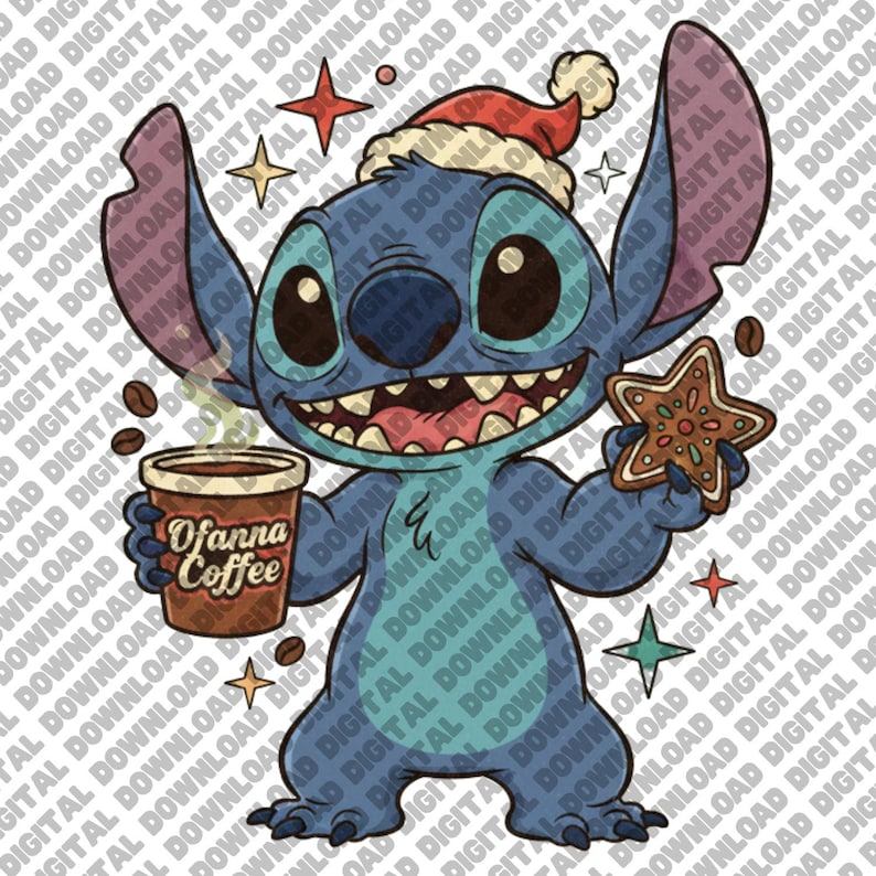 Op de afbeelding: Een blauw stripfiguur met een kerstmuts, met een koffiekopje met "Ofanna Coffee" en een stervormige peperkoek. De afbeelding bevat koffiebonen en steraccenten, waardoor een feestelijk vakantiethema ontstaat.