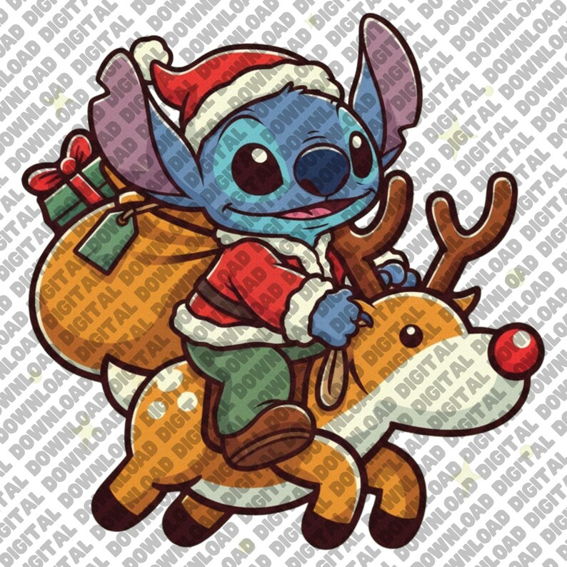 以下が含まれることがあります： サンタ帽とサンタの衣装を着た青いエイリアンキャラクターがトナカイに乗っている漫画のイラスト。トナカイは赤い鼻をしており、エイリアンはプレゼントの袋を持っています。画像はクリスマスをテーマにしています。