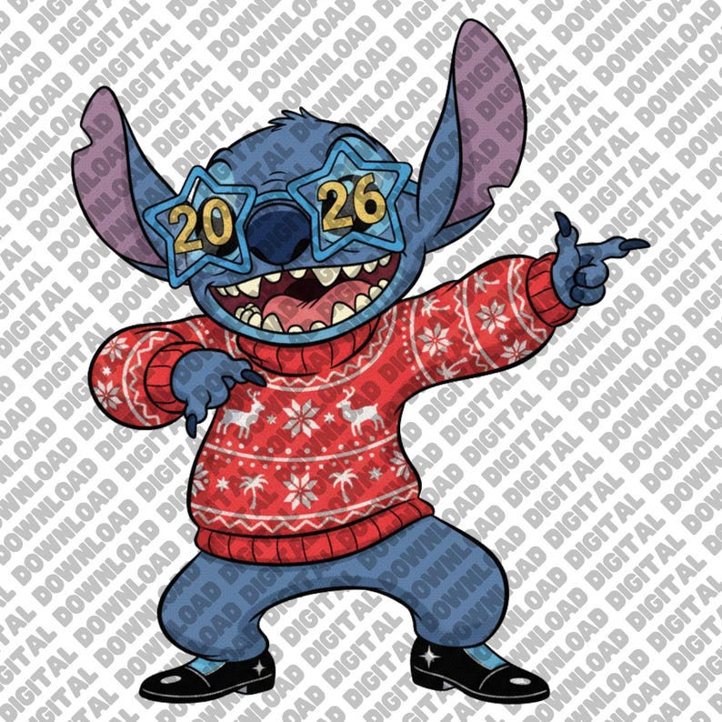 May include: A cartoon illustration of a blue alien character wearing star-shaped glasses with the numbers "2026" and a red sweater with a holiday pattern. The character is in a playful pose, pointing with one hand.
