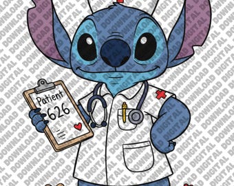 Nurse Stitch PNG, Lilo And Stitch Medical, Disney Stitch Nurse, Cute Healthcare Stitch, Blue Alien Coffee Design