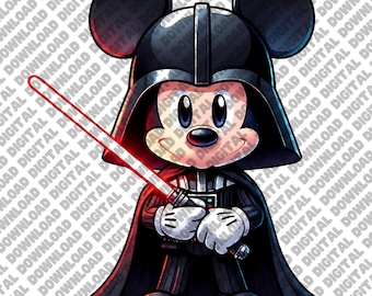 Mickey Vader png, Star Wars Disney crossover, schattig Sith Mickey-ontwerp, lichtzwaard donkere muiskunst, grappige schurk Disney, png