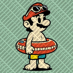 以下が含まれることがあります： 赤い帽子、サングラス、赤と白の浮き輪を身に着けたキャラクターの漫画イラスト。キャラクターは青と黄色の水着を着ています。背景は薄い緑色で、「DOWNLOAD DIGITAL」の文字が斜めに繰り返されています。