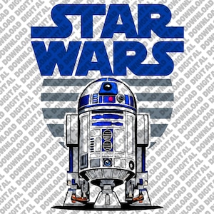 May include: A digital illustration of the Star Wars droid R2-D2, in blue, white, and silver. The words "STAR WARS" are in blue above the droid. The background features a gray and white striped design.