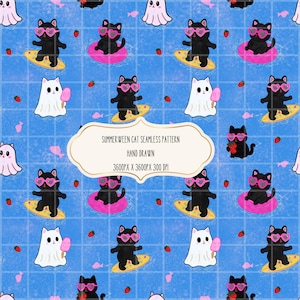 Sommarkatt sömlöst mönster, rosa Halloween digitalt papper, spökkatt tygdesign, läskig sommarkattunge upprepning, sublimeringsfil, POD