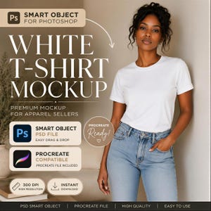 White T-Shirt Mockup Female Model: Neutral Lifestyle, Editable PSD