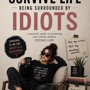 May include: A woman wearing sunglasses and a black sweatshirt with the text "I don't have the energy to pretend I like you today" is seated in a chair. The image includes a book titled "How to Survive Life Being Surrounded by Idiots".