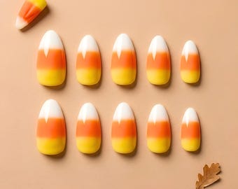 Candy Corn Ombre Short Almond Press On Nails, Halloween Gift