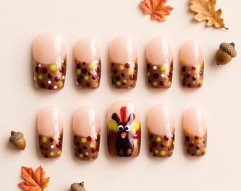 Kawaii Fall Turkey Brown Glitter Short Press On Nails, Thanksgiving Gift