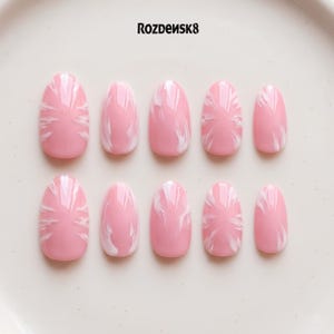 Soft Blush Pink White Smoke Art, Minimalist Fairycore Abstract Feather Press On Nails