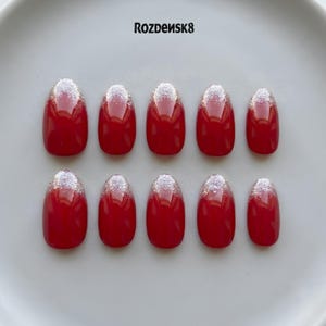 Red Press On Nails: Silver Glitter Cuticle, Dark Ruby Gradient False Gel Manicure