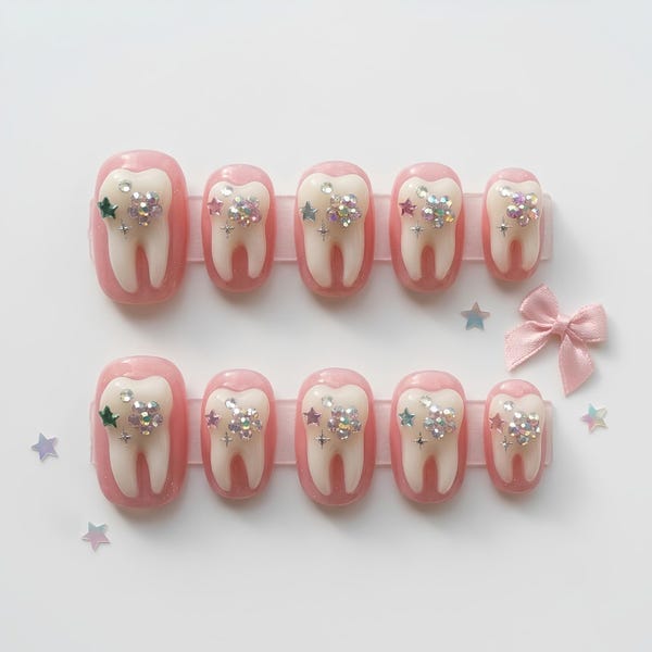 3D Tooth Fairy Pink Oval Press On Nails