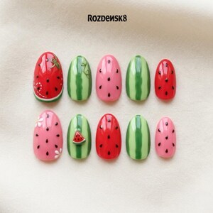 Watermelon Press On Nails, Summer Fruit False Manicure, 3D Red Green Design Set
