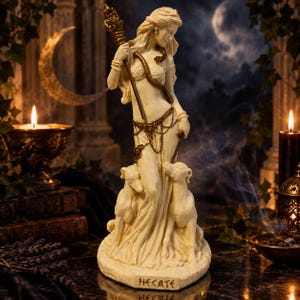 May include: An off-white statue of a standing figure holding a torch, draped in a snake, and flanked by two dogs. The figure wears a decorative belt and jewellery. The base of the statue features the engraved text HECATE in a clear, bold font.