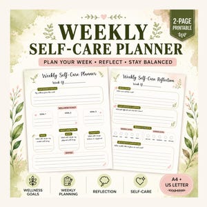 May include: A two-page printable weekly self-care planner featuring a soft green and pink floral design. The pages include sections for wellness goals, weekly planning, reflection, and self-care. Text includes "WEEKLY SELF-CARE PLANNER" and "PLAN YOUR WEEK • REFLECT • STAY BALANCED" with A4 and US Letter size indicators.