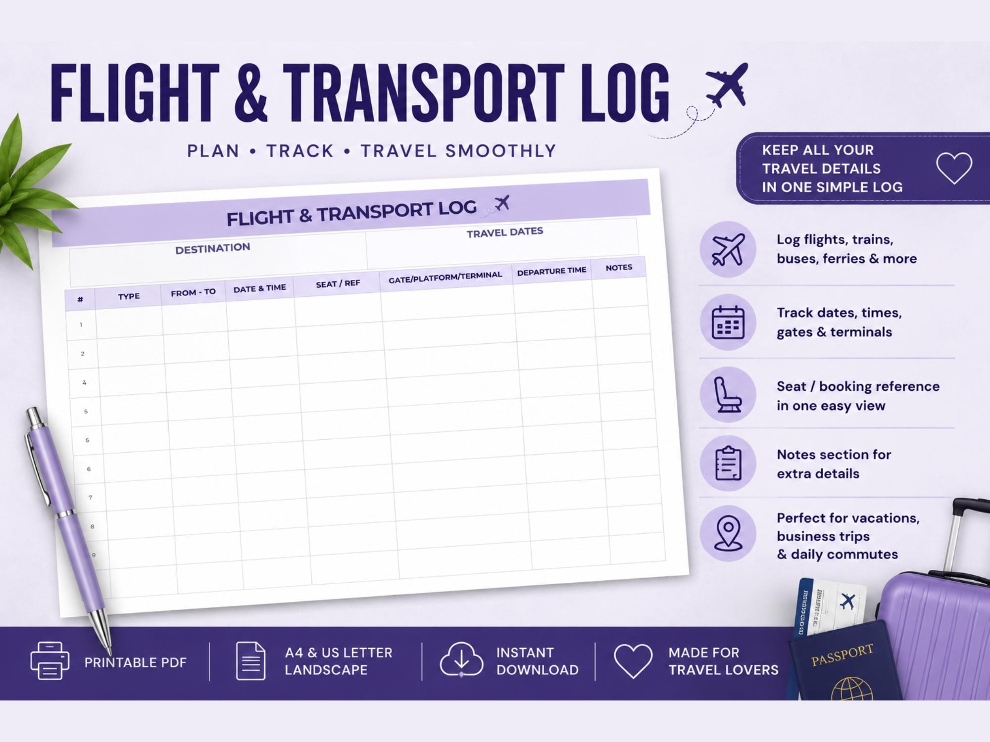 Flight and Transport Log Printable, Flight Tracker PDF, Travel Planner ...