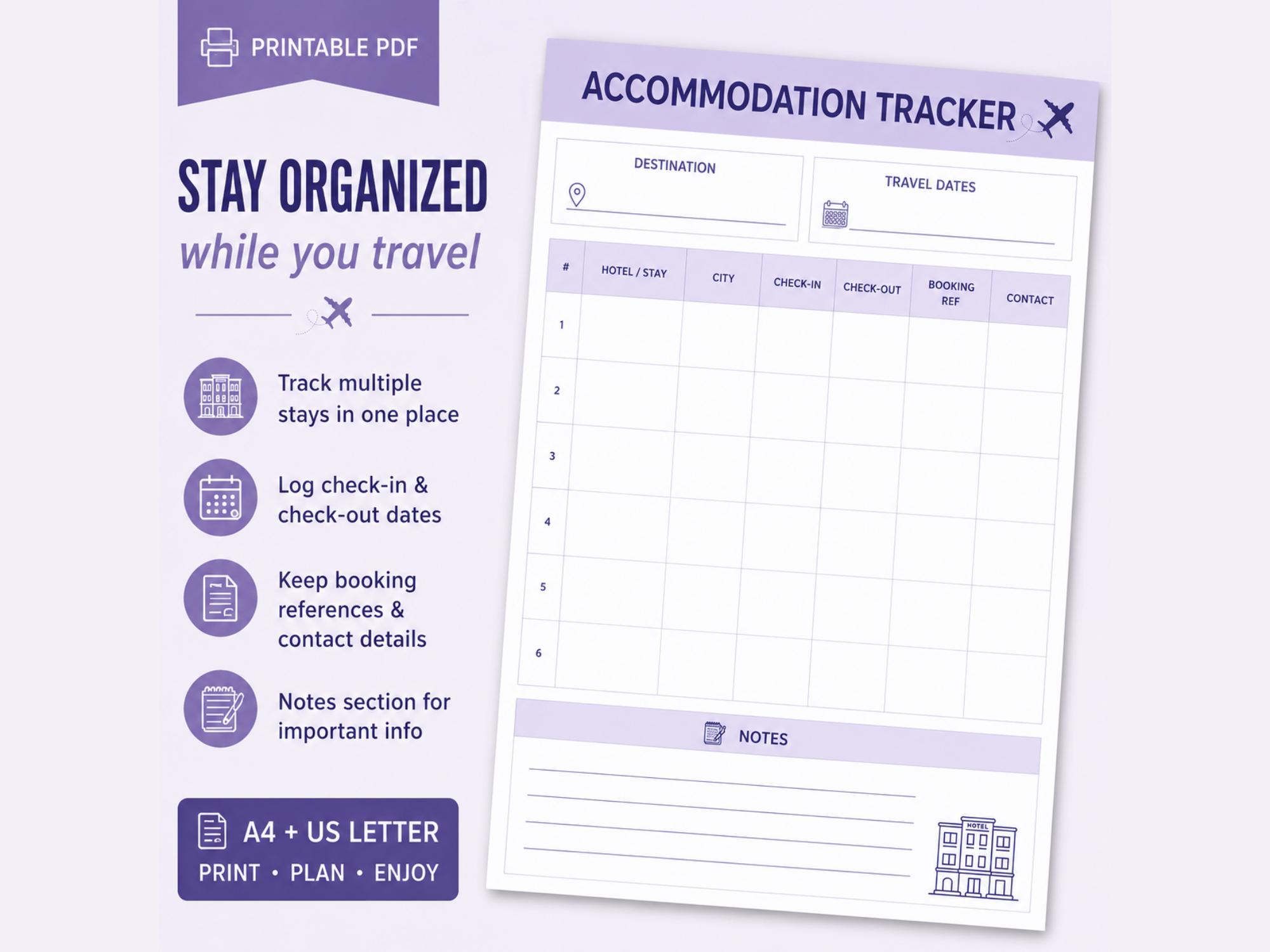 Accommodation Tracker Printable, Hotel Stay Planner PDF, Travel ...