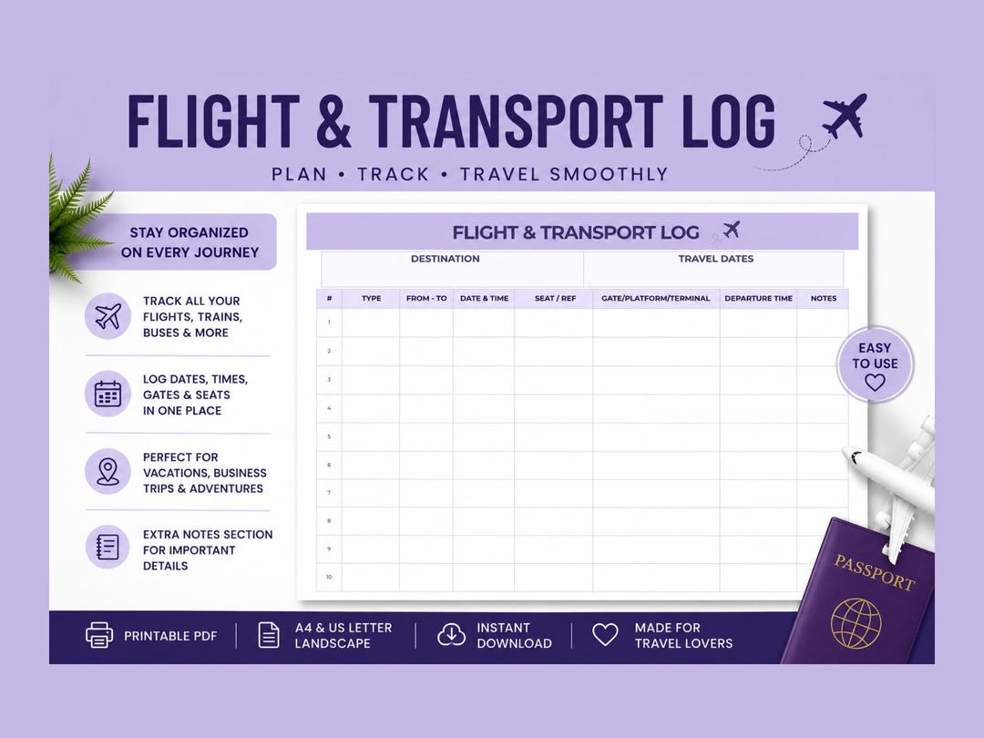 Flight and Transport Log Printable, Flight Tracker PDF, Travel Planner ...