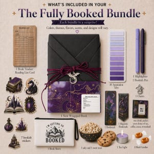 May include: The Fully Booked Bundle includes a reading list card, stickers, a wrapped book, a book sleeve, annotation tabs, a highlighter, a pen, a charm, bookmarks, a tea light, hard candies, and a snack. The bundle's theme is books.