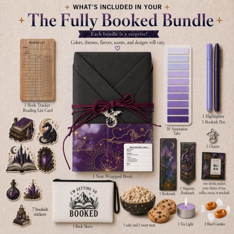 May include: The Fully Booked Bundle includes a reading list card, stickers, a wrapped book, a book sleeve, annotation tabs, a highlighter, a pen, a charm, bookmarks, a tea light, hard candies, and a snack. The bundle's theme is books.