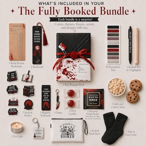 May include: A selection of book-themed items, including a wrapped book, bookmarks, stickers, a pen, highlighter, tea light, and more. The items have a dark aesthetic, with red and black accents, and the text "The Fully Booked Bundle."