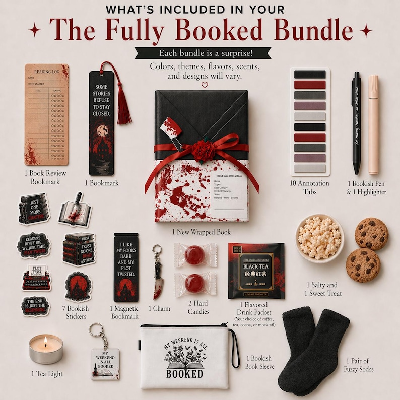 May include: A selection of book-themed items, including a wrapped book, bookmarks, stickers, a pen, highlighter, tea light, and more. The items have a dark aesthetic, with red and black accents, and the text "The Fully Booked Bundle."