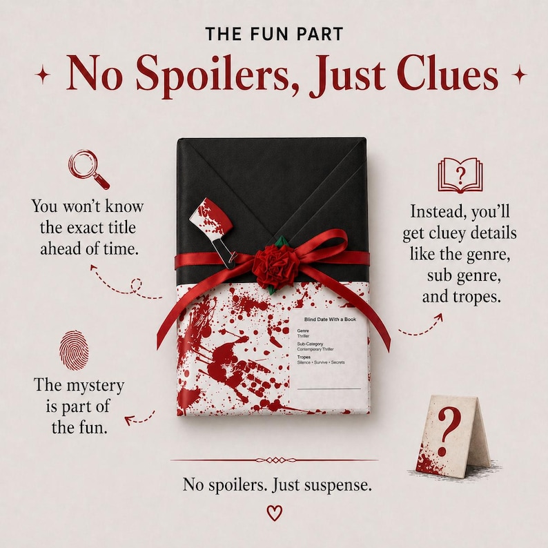 May include: A wrapped gift with a black top and white bottom, tied with a red ribbon and rose. The white portion has red splatter designs. Text reads "No Spoilers, Just Clues" and "Blind Date With a Book". A small card with a question mark is propped up.