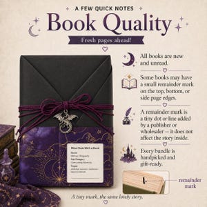 May include: A wrapped book bundle with a black cover, tied with a dark purple string and a dragon charm. The bundle includes a label that says "Blind Date With a Book". The text "Book Quality" is at the top.