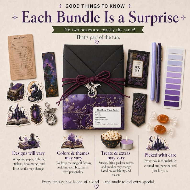 May include: A fantasy-themed gift box wrapped in black paper with a purple ribbon and dragon charm. Includes stickers, bookmarks, tea, pens, and candies. Text reads "Each Bundle Is a Surprise".