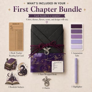 May include: A 'First Chapter Bundle' includes a wrapped book, stickers, a reading list card, annotation tabs, a charm, and a highlighter. The bundle is wrapped in black paper and tied with a burgundy ribbon. The text on the image says, "Each bundle is a surprise!"