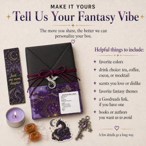 May include: A fantasy-themed gift set with a black wrapped box tied with a burgundy ribbon and a silver dragon charm. Includes a bookmark, candle, stickers, and a decorative key. Text reads "Tell Us Your Fantasy Vibe."