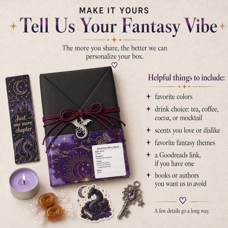 May include: A fantasy-themed gift set with a black wrapped box tied with a burgundy ribbon and a silver dragon charm. Includes a bookmark, candle, stickers, and a decorative key. Text reads "Tell Us Your Fantasy Vibe."