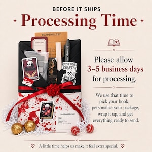 May include: A gift box with a black and red design, featuring a skull and floral motif. The box is tied with a red ribbon and includes a reading list, a pen, and a card. The image text says "Processing Time".