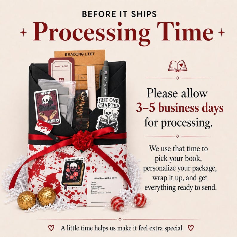 May include: A gift box with a black and red design, featuring a skull and floral motif. The box is tied with a red ribbon and includes a reading list, a pen, and a card. The image text says "Processing Time".