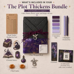 May include: A bundle of bookish items, including a wrapped book, stickers, a bookmark, and a reading list card. The bundle includes a dragon charm, annotation tabs, a highlighter, a pen, hard candies, and a drink packet. The text "The Plot Thickens Bundle" is at the top.