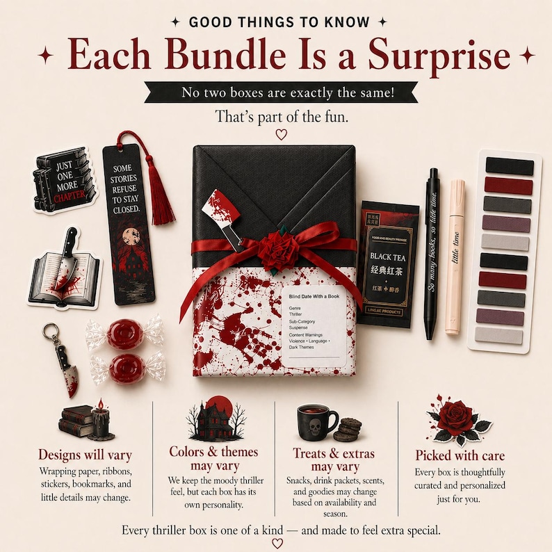 May include: A themed gift box with a black and red colour scheme. The box is wrapped with a red ribbon and features stickers, bookmarks, tea, and candies. Text on the box reads "Each Bundle Is a Surprise". The box is designed to be a surprise.