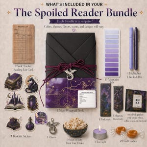 May include: The Spoiled Reader Bundle includes a reading list card, a wrapped book, stickers, a charm, popcorn, annotation tabs, a highlighter, a pen, a bookmark, a tea light, hard candies, and a drink packet. The bundle's colors, themes, and designs vary.