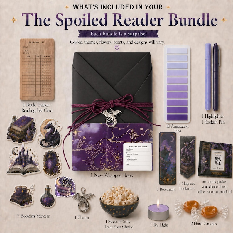 May include: The Spoiled Reader Bundle includes a reading list card, a wrapped book, stickers, a charm, popcorn, annotation tabs, a highlighter, a pen, a bookmark, a tea light, hard candies, and a drink packet. The bundle's colors, themes, and designs vary.