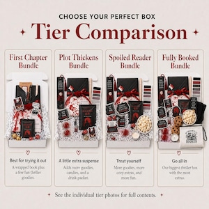 May include: A comparison chart showcasing four thriller-themed gift boxes. Each box contains books, stickers, and snacks. The boxes are labelled "First Chapter," "Plot Thickens," "Spoiled Reader," and "Fully Booked," with details of their contents.